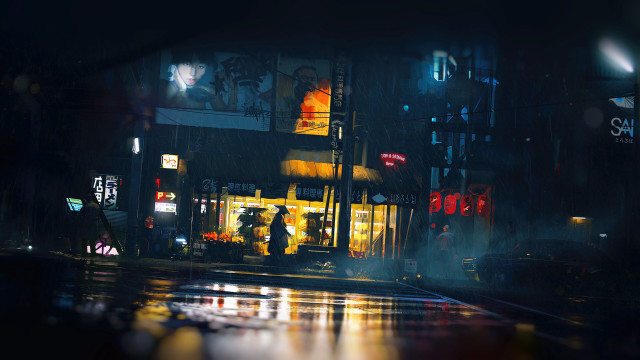 City street night cyberpunk neon free wallpaper - medium preview image