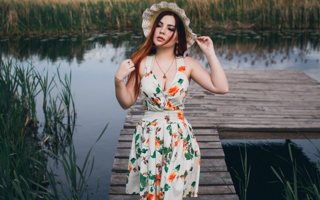Woman dress hat dock water free wallpaper - medium preview image