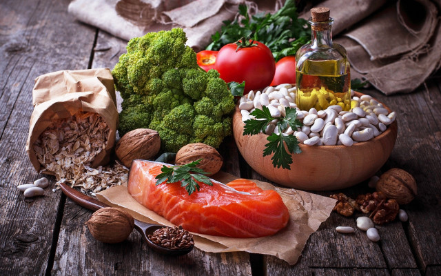 Wooden bowl fish nuts broccoli free wallpaper - medium preview image