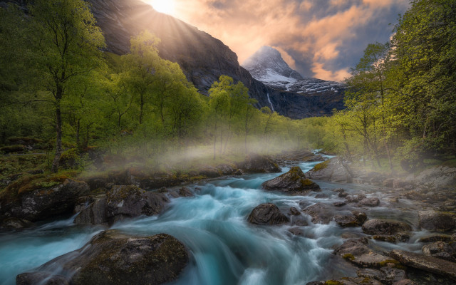 River forest sky sunlight mountain free wallpaper - medium preview image