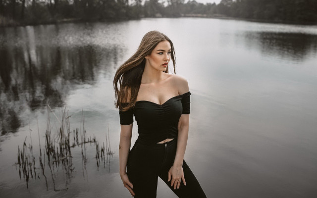 Woman lake wind black outfit free wallpaper - medium preview image