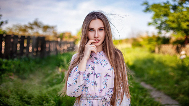 Woman dress field tree fence free wallpaper - medium preview image