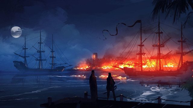 Burning ship ocean full moon free wallpaper - medium preview image