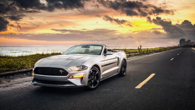 White mustang ocean sunset clouds free wallpaper - medium preview image