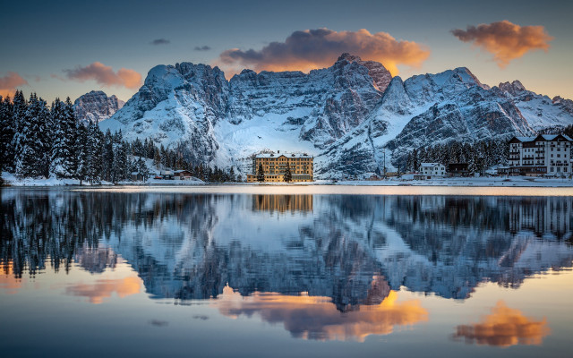 Mountain lake building clouds snow free wallpaper - medium preview image