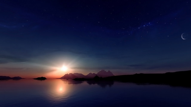 Sunset lake mountains crescent moon free wallpaper - medium preview image