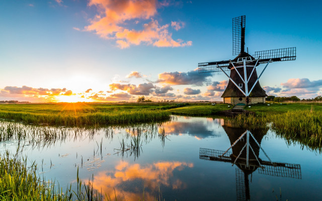 Windmill lake sunset field landscape free wallpaper - medium preview image