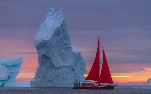 Red sailboat iceberg sunset ocean free wallpaper - medium preview image