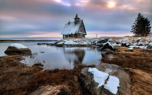 Church rocky shore lake cloudy free wallpaper - medium preview image