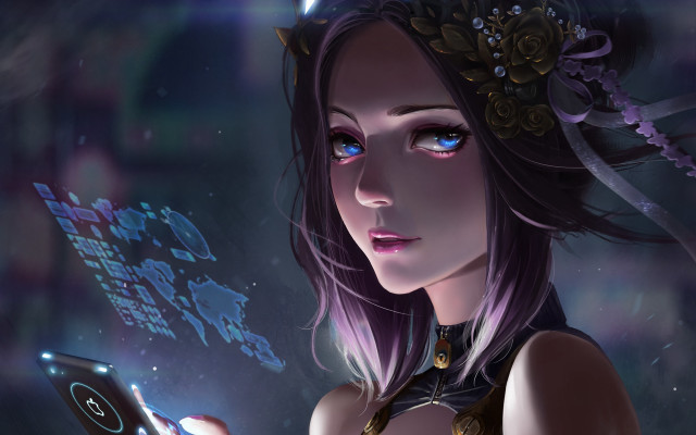 Blue eyes woman holding phone free wallpaper - medium preview image