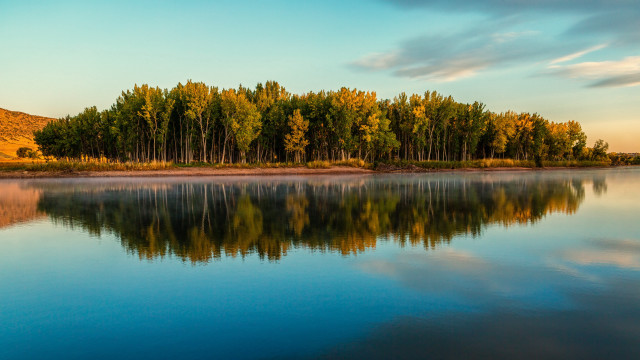 Lake trees hill blue sky free wallpaper - medium preview image