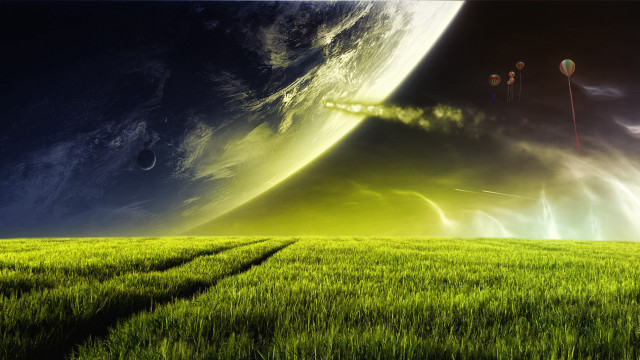 Green field planet clouds moon free wallpaper - medium preview image