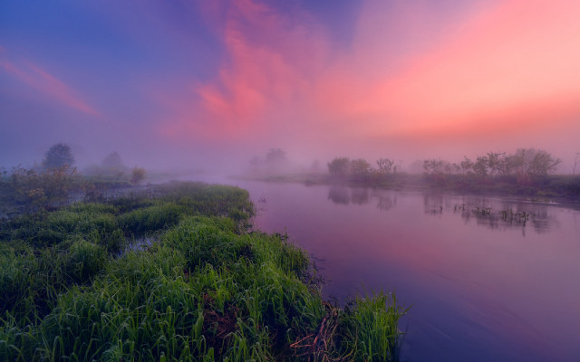 Pink sky river green bushes free wallpaper - medium preview image
