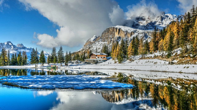 Mountain lake snow mountains woods free wallpaper - medium preview image