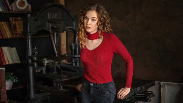 Woman red sweater bookcase clock free wallpaper - medium preview image