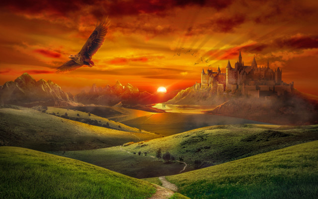 Castle bird sunset valley path free wallpaper - medium preview image