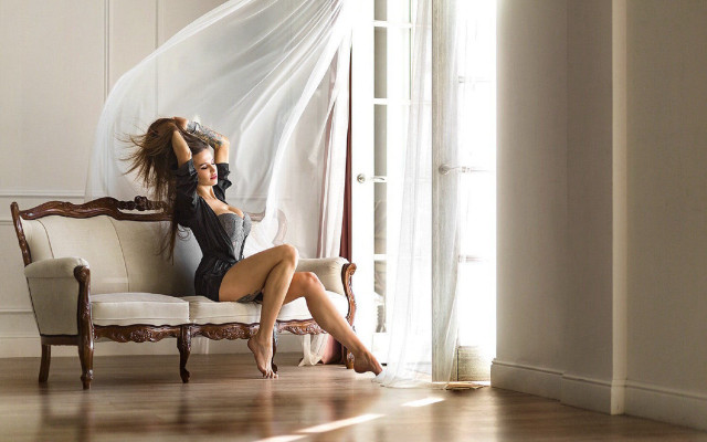 Woman couch curtain man gun free wallpaper - medium preview image