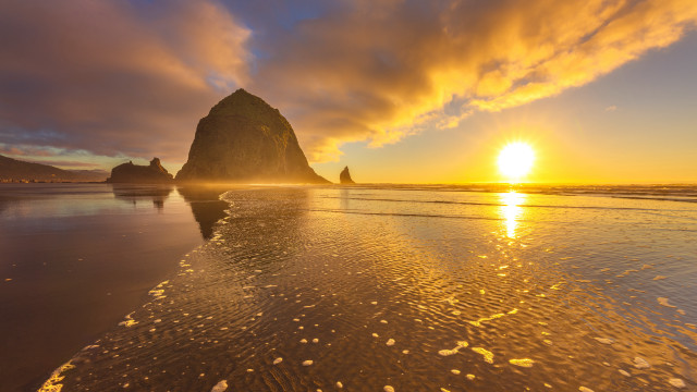 Sunset beach rock formation waves free wallpaper - medium preview image