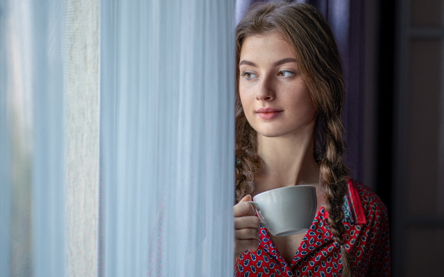 Woman coffee window curtains portrait free wallpaper - medium preview image