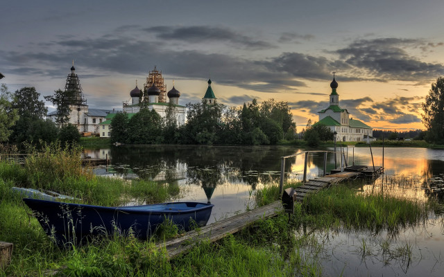 Lake boat church sunset landscape free wallpaper for desktop - medium preview image