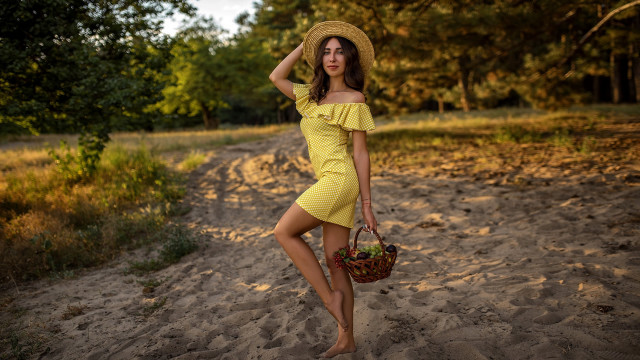 Woman yellow dress hat basket free wallpaper - medium preview image