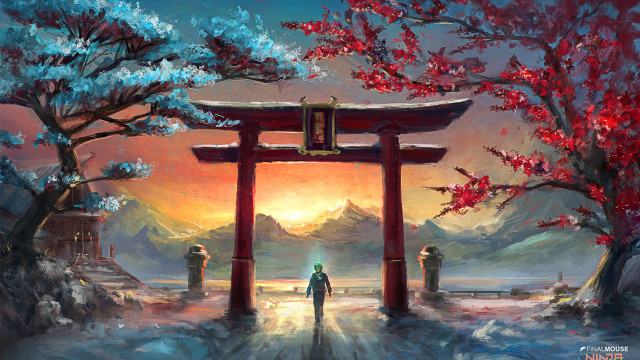 Mountain gate autumn leaves red free wallpaper - medium preview image