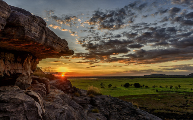 Sunset field rock formation tree free wallpaper - medium preview image