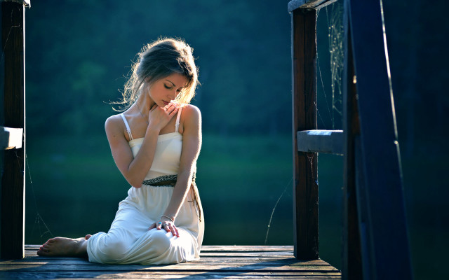 Woman dock sitting rain white free wallpaper - medium preview image