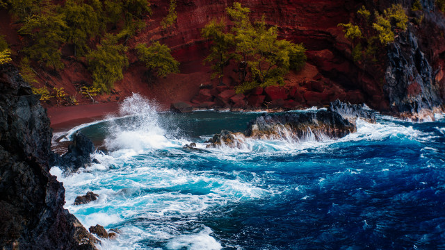 Rocky cliff water trees red free wallpaper - medium preview image