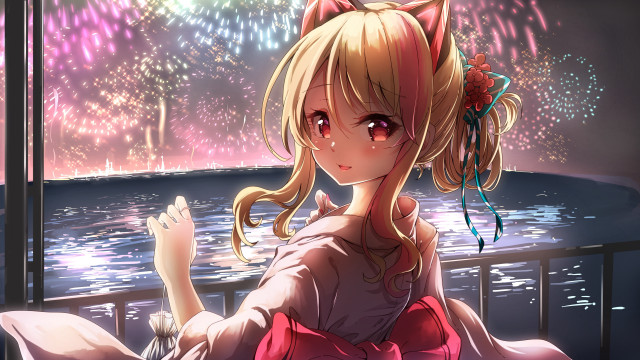 Girl fireworks kimono anime cat free wallpaper - medium preview image