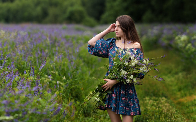Flower field woman blue dress #2 free wallpaper - medium preview image
