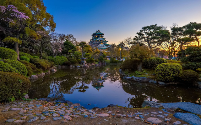 Pond park sunset trees rocks free wallpaper - medium preview image