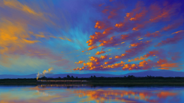 Train water clouds autumn sunset free wallpaper - medium preview image