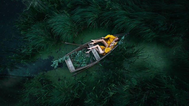 Woman yellow dress boat green free wallpaper - medium preview image