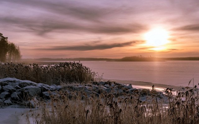 Sunset lake snow shore trees #2 free wallpaper - medium preview image