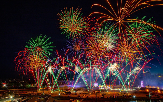 Fireworks city bridge night sky free wallpaper - medium preview image