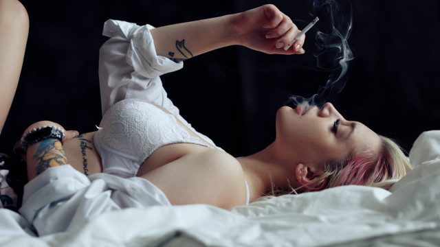 Woman smoking bed pinkhair realistic free wallpaper - medium preview image