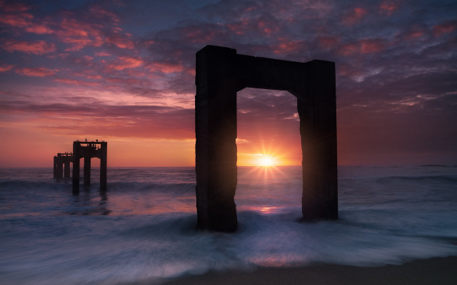 Sunset ocean pier abstract sculpture free wallpaper - medium preview image
