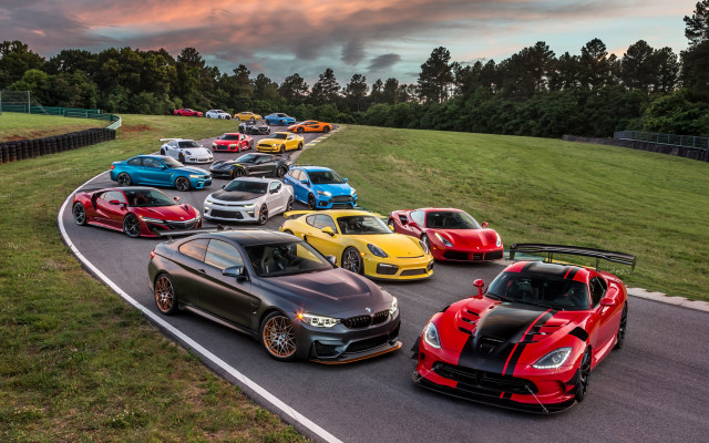 Cars road greenfield forest sunset free wallpaper - medium preview image