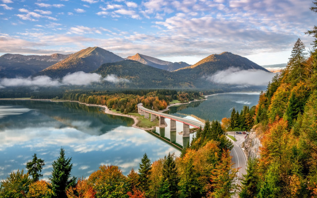 Scenic bridge lake mountains trees free wallpaper - medium preview image