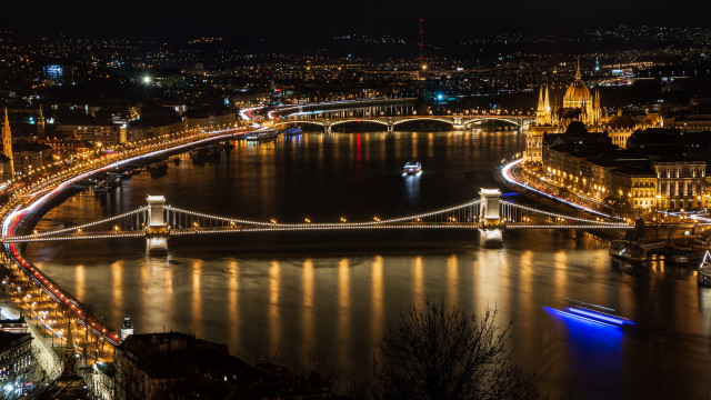 Night bridge river lights boat free wallpaper - medium preview image