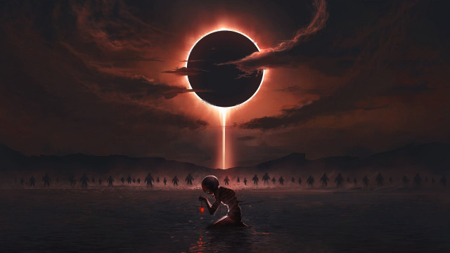 Woman kneeling giant object sky free wallpaper - medium preview image