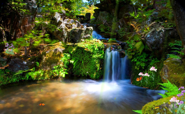 Waterfall lush forest flowers plants free wallpaper - medium preview image