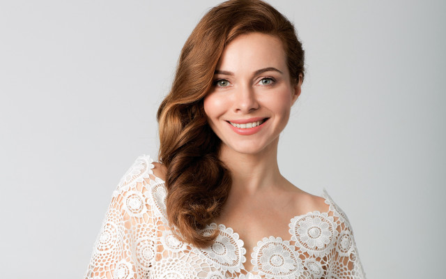 Smiling woman white lace top free wallpaper - medium preview image