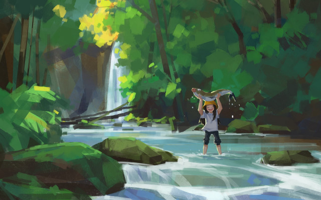 Woman surfboard river waterfall forest free wallpaper - medium preview image