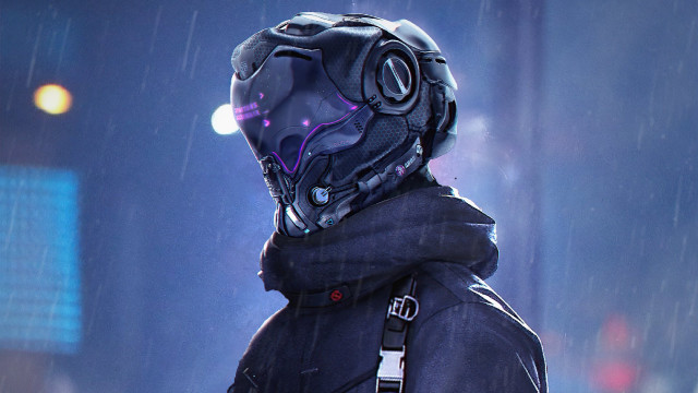 Man helmet rain city night free wallpaper - medium preview image