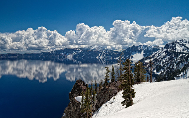 Mountain lake clouds trees snowy #2 free wallpaper - medium preview image