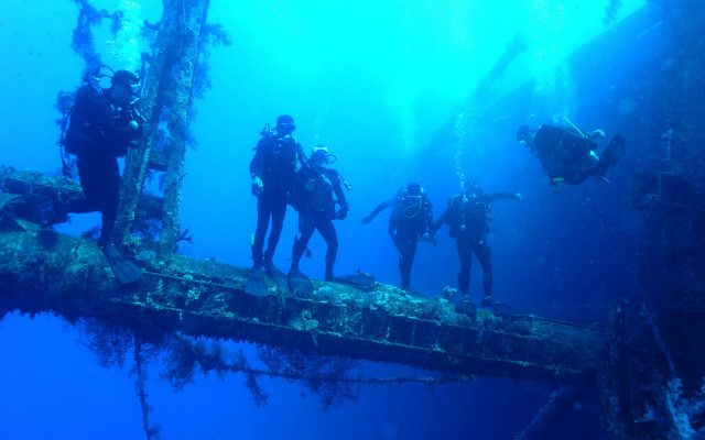 Scuba divers wooden bridge ocean free wallpaper - medium preview image