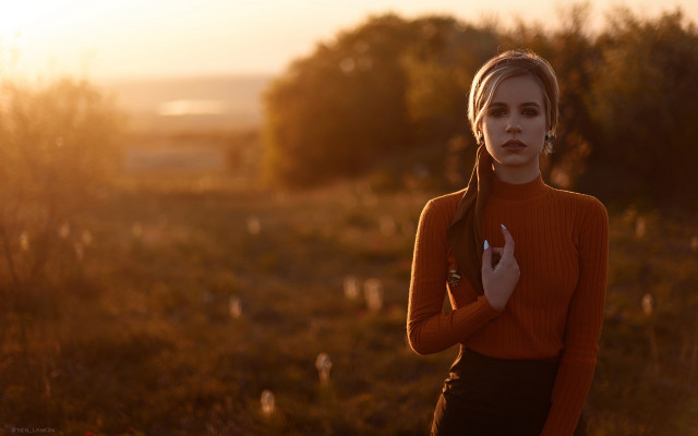 Orange sweater field sunset portrait free wallpaper - medium preview image