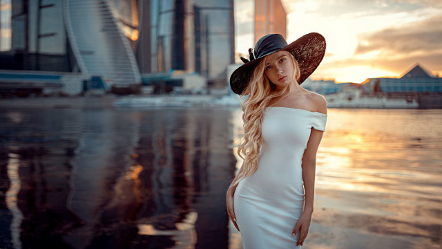 Woman white dress hat sunset #4 free wallpaper - medium preview image
